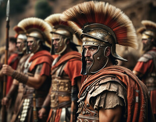 group of Roman soldiers in their traditional armor, historical battle scene