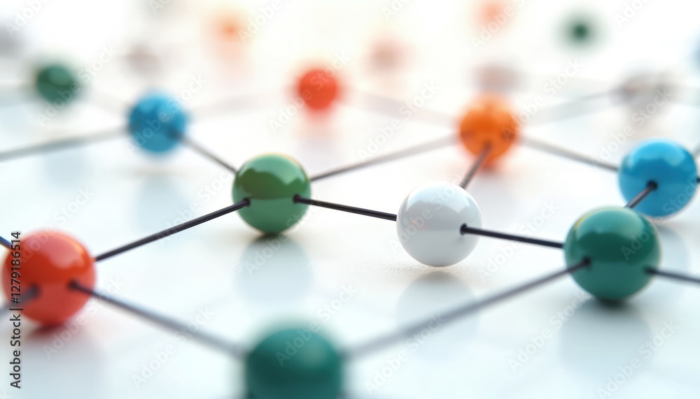 Poster network management concept with interconnected shiny nodes, colored points, structure links. 3d rend