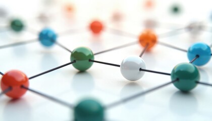 Network management concept with interconnected shiny nodes, colored points, structure links. 3D render of social business communication cyberspace people tech networking structure for team community.