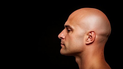 Profile view of a bald man against a black background. His expression is serious and thoughtful.