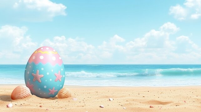 Colorful easter egg on sandy beach with seashells under clear blue sky. Easter, Pascha, Paskha, Ostern, Pascua, Paques - Orthodox and Catholic Holiday celebration