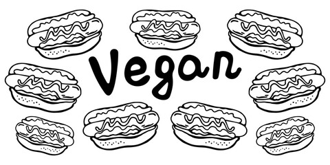 Horizontal black and white banner of vector images of vegetarian hot dogs on a white isolated background with a caption in the center