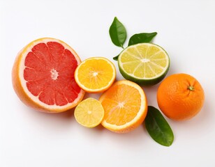 Fototapeta premium Freshly Cut Citrus Fruits Isolated on White Background for Vitamin-Rich Diet