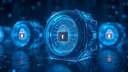 Cybersecurity Concept: Glowing Blue Hologram and Digital Lock Icons for Data Protection