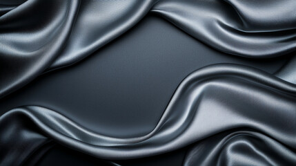 Luxurious black satin fabric draped elegantly, creating soft waves and shadows. smooth texture and rich color evoke sense of sophistication and elegance