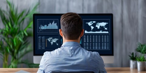 A person analyzing data on a computer screen, surrounded by greenery, with visualizations of statistics and global maps displayed.