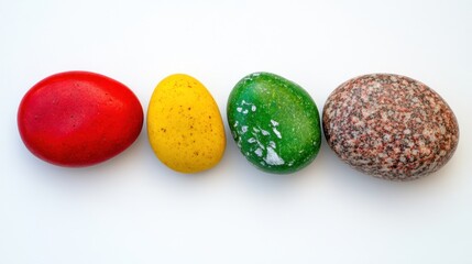Obraz premium Four colorful candy eggs arranged in a row on a white background. Red, yellow, green and brown speckled eggs