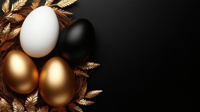 Luxurious golden and black easter eggs on elegant dark background with decorative leaves. Easter, Pascha, Paskha, Ostern, Pascua, Paques - Orthodox and Catholic Holiday celebration