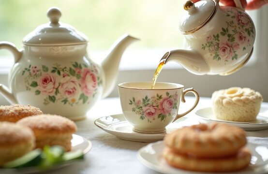 Vintage afternoon tea setup showcases teapot pouring tea into floral cup. Sandwiches, pastries on white table. Elegant arrangement evokes British tradition, inviting refined leisure social events.