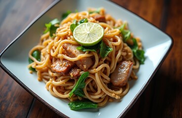 Stir-fried rice noodle with black soy sauce, pork meat, spinach on white plate. Garnished with lime slice. Pad See Ew. Traditional Thai dish on wooden table.