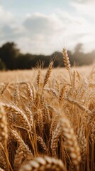 Fototapeta premium Golden Wheat Field at Dusk with Sunlit Grains and Rural Scenery