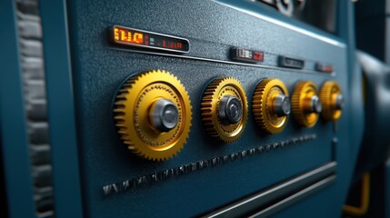 Close up view of a dark teal metallic control panel featuring intricate gold gears, digital readouts, and a textured surface. The image showcases