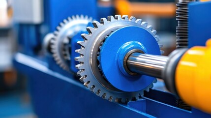 Close up view of interlocking metallic gears and shafts, showcasing blue and yellow industrial components. Detailed machinery, showcasing precision