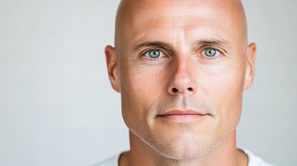 Close-up portrait of a bald, middle-aged man with intense blue eyes. Serious expression against a neutral background.