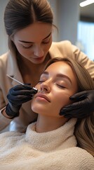 A professional cosmetic procedure being performed, where a skilled beautician is carefully applying treatment to a woman's face, showcasing precision and care in the beauty industry