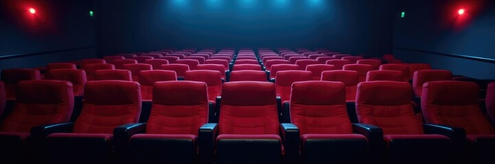 Fototapeta premium Empty seats in a dark cinema theater at night, stillness, dark theater empty seats, silence