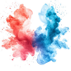 Vibrant red and blue ink clouds swirling together in water, isolated on transparent background. high resolution PNG file