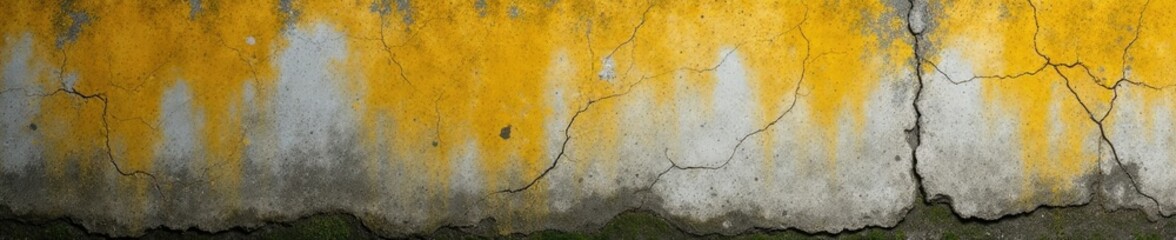 Obraz premium Eroded cement wall with yellowish mildew stains and a cracked texture, mossy, damp
