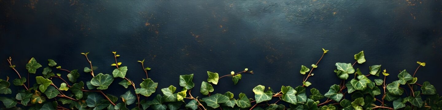 Fototapeta Fresh green ivy leaves climbing on dark dramatic background with copy space. Natural border design element for garden, nature and botanical themes. Creeping plant pattern