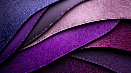 Textured layers of purple leather create abstract design, showcasing various shades and tones. smooth surfaces and intricate patterns evoke sense of luxury and creativity