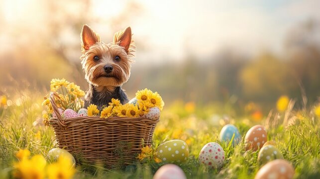 Yorkshire terrier in basket with flowers and easter eggs on sunny day. Easter, Pascha, Paskha, Ostern, Pascua, Paques - Orthodox and Catholic Holiday celebration - Powered by Adobe