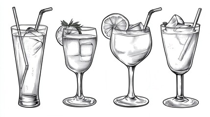 Line art illustration of four different cocktails in glasses with straws and garnishes. Each drink has unique characteristics shown in black and