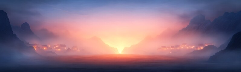 Obraz premium A vibrant anime-style illustration of a hidden fantasy village enveloped in glowing light.