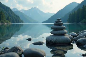 Grey stone stacks along the shore of a still lake, stone, calm