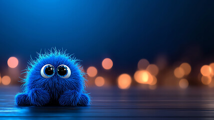 Fototapeta premium Fluffy blue creature with big eyes sitting on wooden surface, surrounded by soft bokeh lights, creating whimsical and playful atmosphere