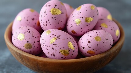 Fototapeta premium Pink and gold speckled easter eggs in wooden bowl on gray background. Easter, Pascha, Paskha, Ostern, Pascua, Paques - Orthodox and Catholic Holiday celebration