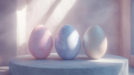 Pastel easter eggs on round table with soft light shadows. Easter, Pascha, Paskha, Ostern, Pascua, Paques - Orthodox and Catholic Holiday celebration