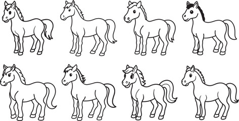 set of cute horse line art, black outline, vector and illustration, line art and outline
