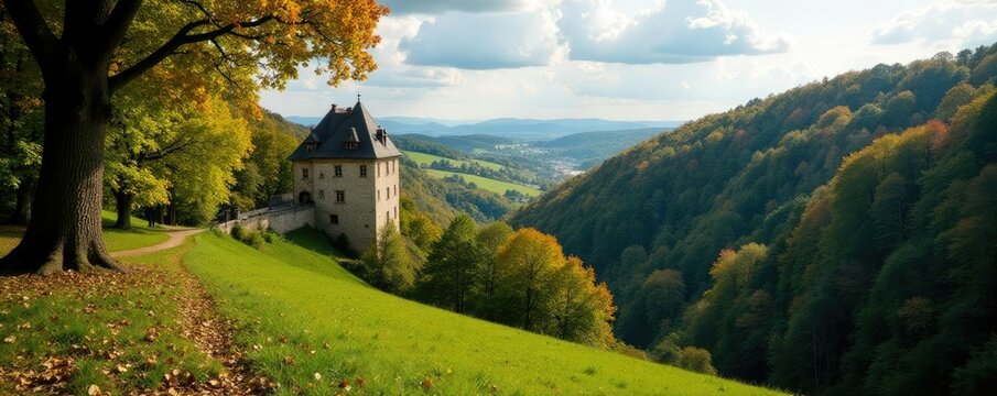 Hintergrund mit Kasselburg und Berlinger Mauer im Wald, eifel, kasselburg