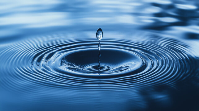  A single water droplet falling into a still pond, creating perfect ripples that spread outward