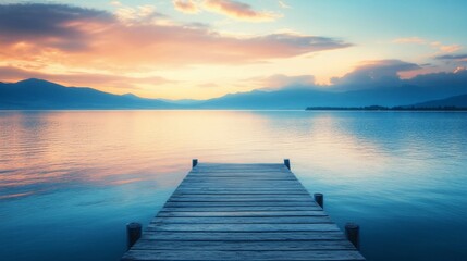 Serene Lake at Sunset: A Wooden Pier Leading to Tranquility and Beauty