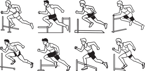 young man athlete running hurdles line art, black outline, vector and illustration, line art and outline set