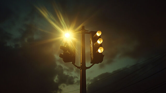 A brightly lit traffic signal post at night in a dark sky
