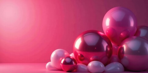 Fototapeta premium Pink and red metallic balloons float gently above a soft glowing background, glowy, lighting