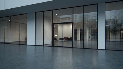 Obraz premium Modern building facade with glass doors, interior view. Empty lobby. Possible use Architectural Stock Photo