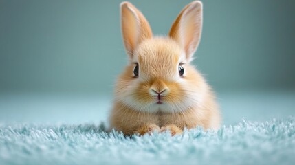 Obraz premium Cute fluffy bunny on soft blue carpet looking adorably at camera. Easter, Pascha, Paskha, Ostern, Pascua, Paques - Orthodox and Catholic Holiday celebration