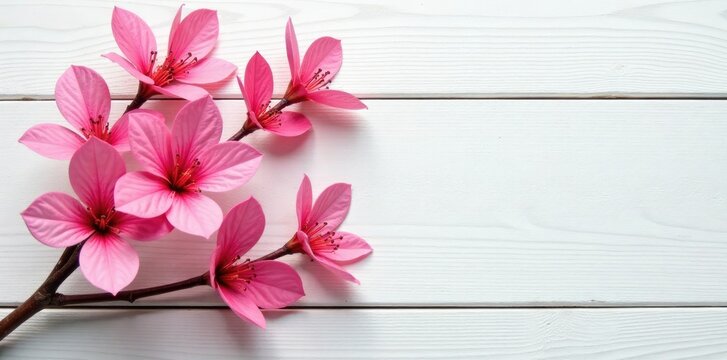 Pink Gebera branches with leaves on a rustic white wooden background, pink gebera, foliage