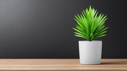 Fototapeta premium A green artificial plant in a white pot sits on a rustic wooden table against a dark gray background. The image has a minimalist and clean aesthetic