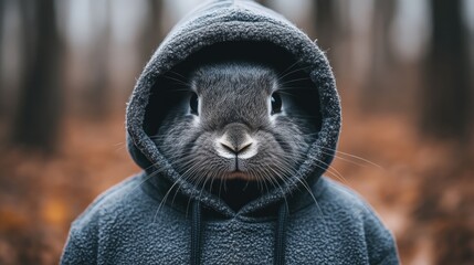 Obraz premium Gray bunny in hooded sweatshirt in forest setting with focused expression. Easter, Pascha, Paskha, Ostern, Pascua, Paques - Orthodox and Catholic Holiday celebration