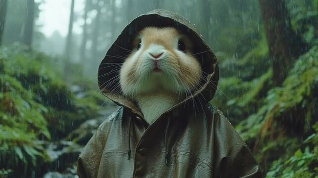 Cute rabbit wearing jacket in rainy forest with lush greenery. Easter, Pascha, Paskha, Ostern, Pascua, Paques - Orthodox and Catholic Holiday celebration