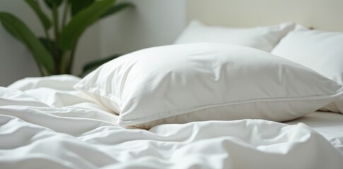 Plush pillow nestles among crisp white linen sheets, serenity, gentle, calm