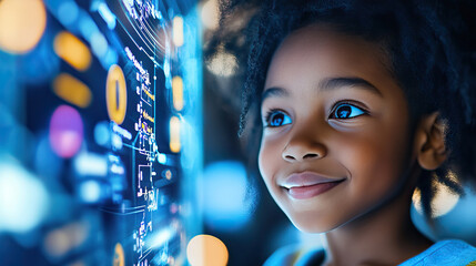 Child engaging with futuristic technology interface in learning environment. Modern Technologies. Modern Technologies in education. Augmented reality (AR) in daily life.