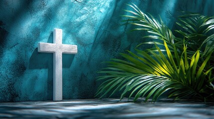 White cross with green palm leaves on textured blue background in sunlight. Easter, Pascha, Paskha, Ostern, Pascua, Paques - Orthodox and Catholic Holiday celebration
