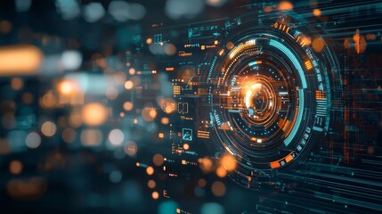 Dynamic digital interface displaying futuristic data visualization virtual space infographic high-tech environment close-up perspective cutting-edge technology concept