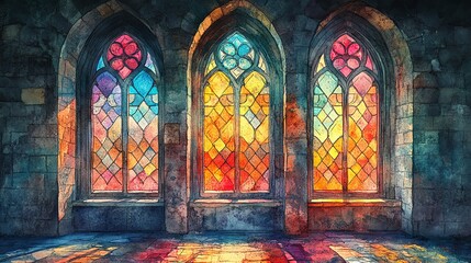 Obraz premium Colorful stained glass windows in an ancient setting.