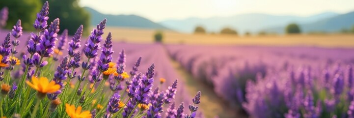 Obraz premium Purple and yellow flowers sway gently in the wind, swaying flowers, purple and yellow blooms, lavender field